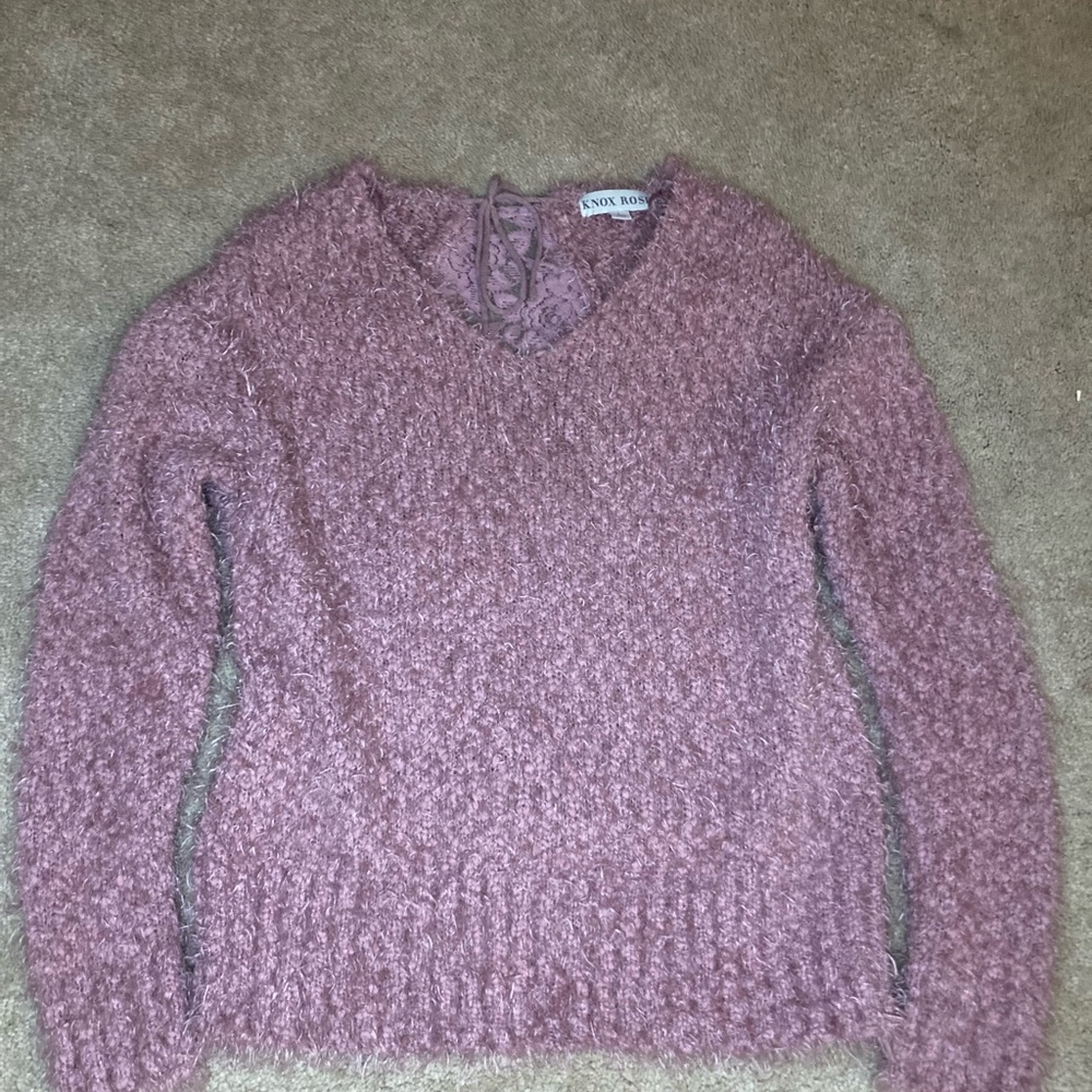 Rosy Pink Fuzzy Lace Peekaboo Back Sweater with Back Tie Size Large Knox Rose